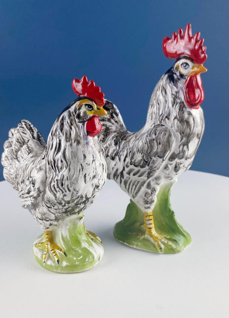 Vintage Chalkware Rooster & Hen. Black White Hand Painted Pair of Bird Figurines. Collectible Statuettes. Modern Country.