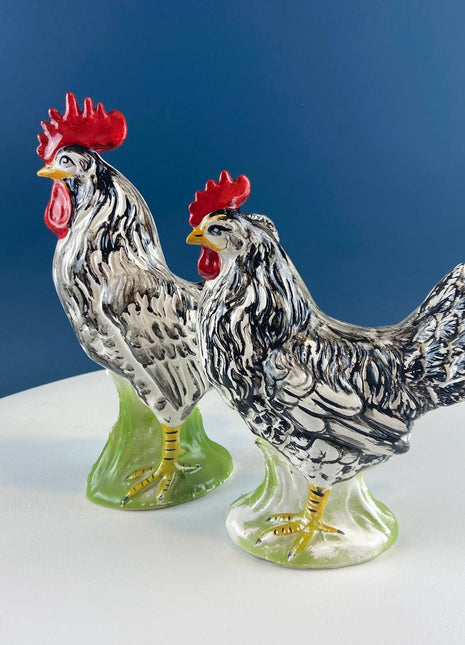 Vintage Chalkware Rooster & Hen. Black White Hand Painted Pair of Bird Figurines. Collectible Statuettes. Modern Country.