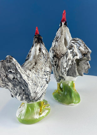 Vintage Chalkware Rooster & Hen. Black White Hand Painted Pair of Bird Figurines. Collectible Statuettes. Modern Country.