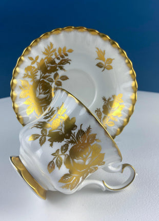 Vintage White & Gold Cup and Saucer. Hand Painted Golden Rose. Tuscan English Fine Bone China. Hosting Necessities. Tea Party. Collectibles.