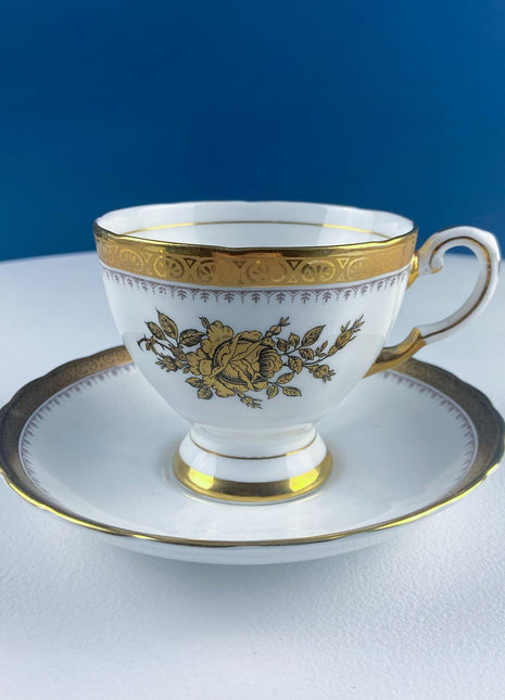 Vintage White & Gold Cup and Saucer. Hand Painted Golden Rose. Tuscan English Fine Bone China. Hosting Necessities. Tea Party. Collectibles.