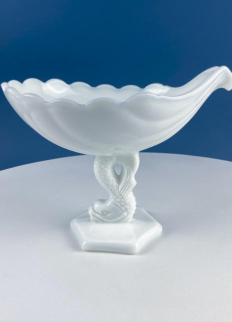 Vintage Westmoreland Milk Glass Shell Compote Dolphin Fish Base. Mid-Century Fruit Footed Bowl. Oval Pedestal. Kitchen Dining Table Decor.