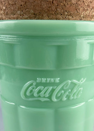 Jadeite Coca-Cola Canister with Cork Lid. Green Kitchen Dining Table Decor. Storage Container. Cookie Jar.
