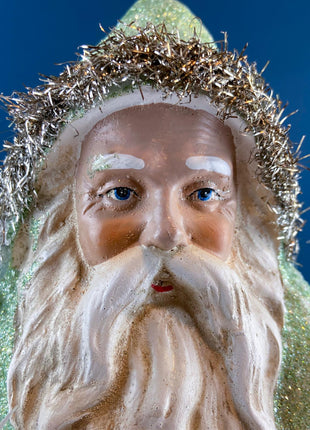 Large 18" Belsnickel Santa Green Sparkling Coat Carrying White Tree. Seasonal Christmas Home Retail Decor. Rustic Traditional Collectible.
