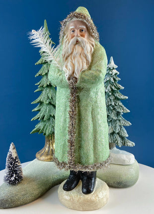 Large 18" Belsnickel Santa Green Sparkling Coat Carrying White Tree. Seasonal Christmas Home Retail Decor. Rustic Traditional Collectible.