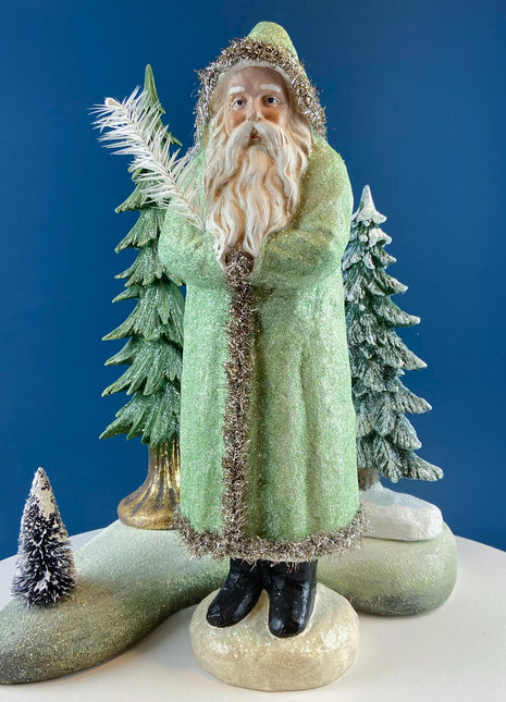 Large 18" Belsnickel Santa Green Sparkling Coat Carrying White Tree. Seasonal Christmas Home Retail Decor. Rustic Traditional Collectible.