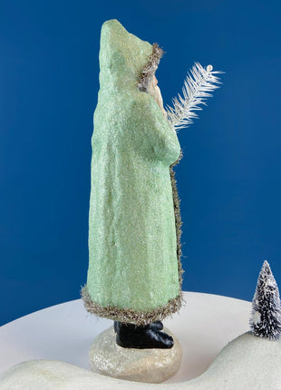 Large 18" Belsnickel Santa Green Sparkling Coat Carrying White Tree. Seasonal Christmas Home Retail Decor. Rustic Traditional Collectible.