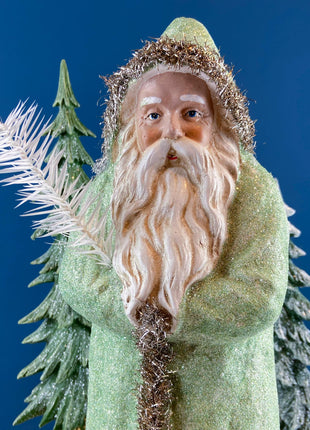 Large 18" Belsnickel Santa Green Sparkling Coat Carrying White Tree. Seasonal Christmas Home Retail Decor. Rustic Traditional Collectible.