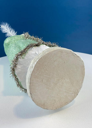 Large 18" Belsnickel Santa Green Sparkling Coat Carrying White Tree. Seasonal Christmas Home Retail Decor. Rustic Traditional Collectible.