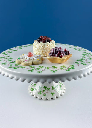 Schamrock Clover Cake Dessert Stand, Shannon by Godinger. 12" Scalloped Brim. Kitchen Dining Table Decor. Modern Country. Irish Pride.