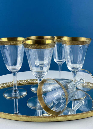 Vintage Tiffin Franciscan Minton Wine Water Goblets. Wide Gold Embossed Rims. Set of 6. Dining Room Table Decor. Holiday Celebration.