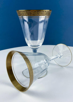 Vintage Tiffin Franciscan Minton Wine Water Goblets. Wide Gold Embossed Rims. Set of 6. Dining Room Table Decor. Holiday Celebration.