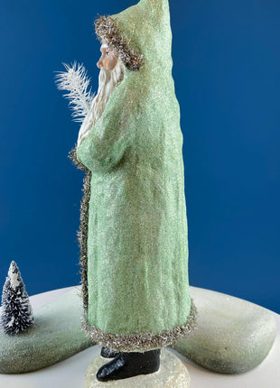 Large 18" Belsnickel Santa Green Sparkling Coat Carrying White Tree. Seasonal Christmas Home Retail Decor. Rustic Traditional Collectible.