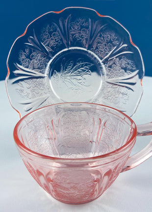 Cherry Blossom Pink Depression Glass Tea Set. Jeannette. Tea Cups and Plates. 15 Piece Set. French Country. Housewares. Dining Table Decor.