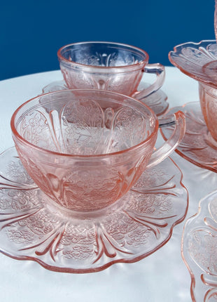 Cherry Blossom Pink Depression Glass Tea Set. Jeannette. Tea Cups and Plates. 15 Piece Set. French Country. Housewares. Dining Table Decor.