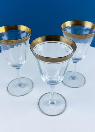 Vintage Tiffin Franciscan Minton Wine Water Goblets. Wide Gold Embossed Rims. Set of 6. Dining Room Table Decor. Holiday Celebration.