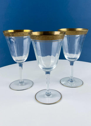 Vintage Tiffin Franciscan Minton Wine Water Goblets. Wide Gold Embossed Rims. Set of 6. Dining Room Table Decor. Holiday Celebration.