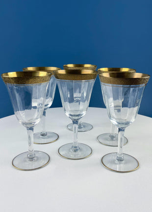 Vintage Tiffin Franciscan Minton Wine Water Goblets. Wide Gold Embossed Rims. Set of 6. Dining Room Table Decor. Holiday Celebration.