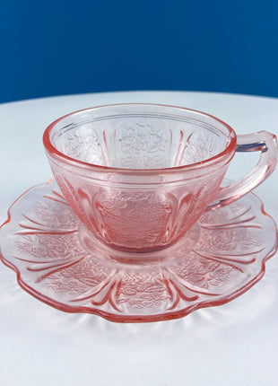 Cherry Blossom Pink Depression Glass Tea Set. Jeannette. Tea Cups and Plates. 15 Piece Set. French Country. Housewares. Dining Table Decor.