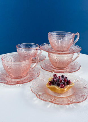 Cherry Blossom Pink Depression Glass Tea Set. Jeannette. Tea Cups and Plates. 15 Piece Set. French Country. Housewares. Dining Table Decor.