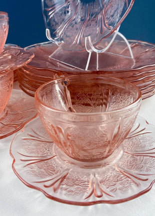 Cherry Blossom Pink Depression Glass Tea Set. Jeannette. Tea Cups and Plates. 15 Piece Set. French Country. Housewares. Dining Table Decor.