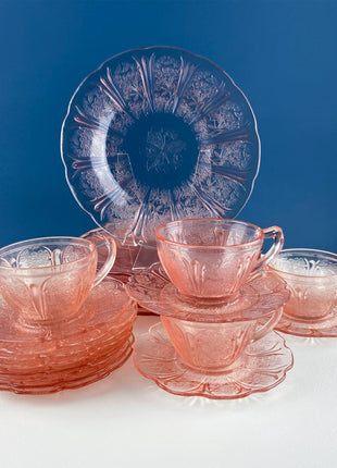 Cherry Blossom Pink Depression Glass Tea Set. Jeannette. Tea Cups and Plates. 15 Piece Set. French Country. Housewares. Dining Table Decor.