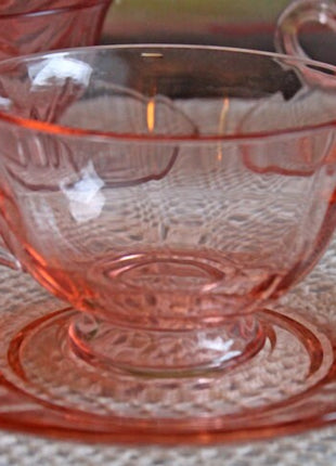 Cherry Blossom Pink Depression Glass Tea Set. Jeannette. Tea Cups and Plates. 15 Piece Set. French Country. Housewares. Dining Table Decor.