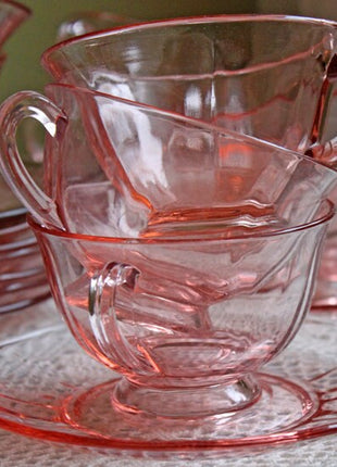 Cherry Blossom Pink Depression Glass Tea Set. Jeannette. Tea Cups and Plates. 15 Piece Set. French Country. Housewares. Dining Table Decor.