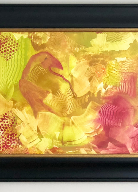 Abstract Raven Original Oil Painting. Painted in Shades of Red, Yellow, Orange. Framed.