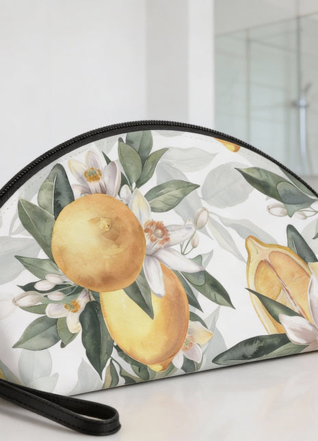 Mediterranean Lemon Blossom Makeup Bag — Citrus Floral Cosmetic Pouch