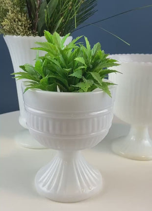 Collection of  3 Vintage Milk Glass Fluted Vases or Planters. Elegant White Minimal Design. Modern Home Decor. Window Sill Garden.