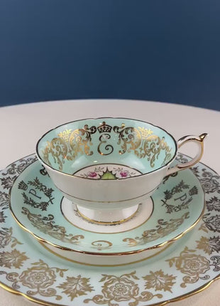 Vintage Paragon Tea Cup Saucer Dessert Plate. Commemorative Trio. Blue with Gold Motifs. Dining Room Decor. Gift for Canadian.