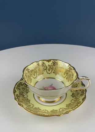 Vintage Paragon Yellow Tea Coffee Cup & Saucer. Red Rose Motif and Gold Floral Border. Collectible Dining Room Decor. Gift for Him Her.