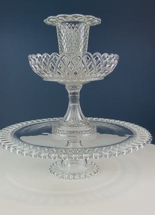 Vintage Collection of Stunning Clear Glass Serving Dishes: Footed Fruit Bowl and Vase. Reticulated Brims. Can be Stacked. Dinning & Serving.