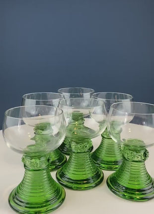 Hand Blown Wine, Water or Margarita Goblets. 6 Clear Bowls with Green Ribbed Stems. Roemer Green by CRISTAL D'ARQUES-DURAND. Wedding Gift.