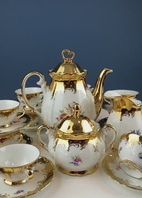 Gold Demitasse Tea Set. Prussian Hand painted Coffee/Tea Pot Sized for Two, with Matching Creamer, Sugar Bowl/Jar & 10 Cups and Saucers.