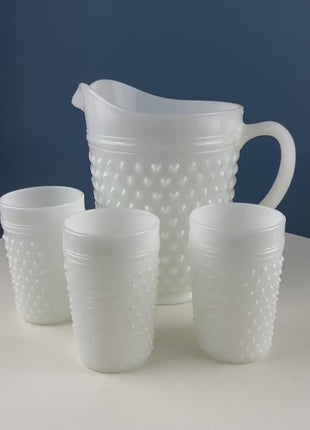 Large Milk Glass Pitcher with Hobnail Pattern and 3 Matching Tall Glasses. Juice Punch Milk Water Jug. Dining Room Decor. Lemonade Stand.