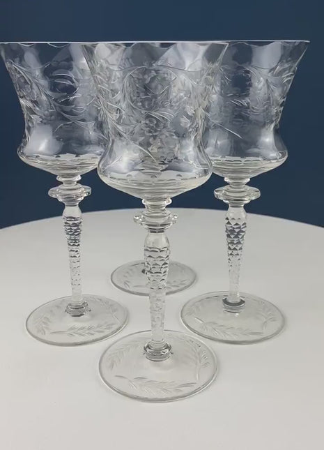 Vintage Wine or Water Goblets by Newton Crystal Co. Hand Blown Tall Stemware. Swirl Optic and Cut Floral. Stem #3365-3. Set of 4 Glasses.