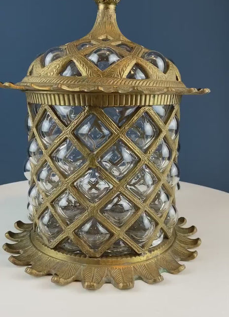 Art Deco Lead Crystal & Brass Heavy Urn with Bird Detail. Castilian Imports. Lidded Jar with Handles in the Shape of Fire Bird/Phoenix.