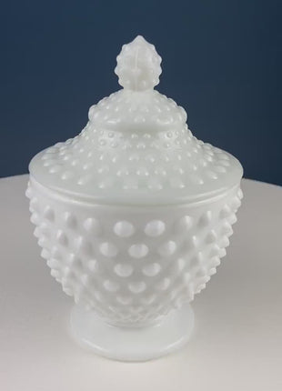 Vintage Milk Glass Lidded Jar. White Hobnail Jar for Bath Products, Dresser Top, Trinkets, Candy or Other Storage. Gift for Partner, Friend