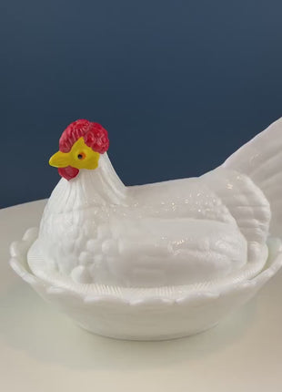 Fenton XL Serving Bowl Shaped like Nesting Hen with Yellow Face and Red Comb. Milk Glass Covered Dish. Dining Room Decor. Modern Country.