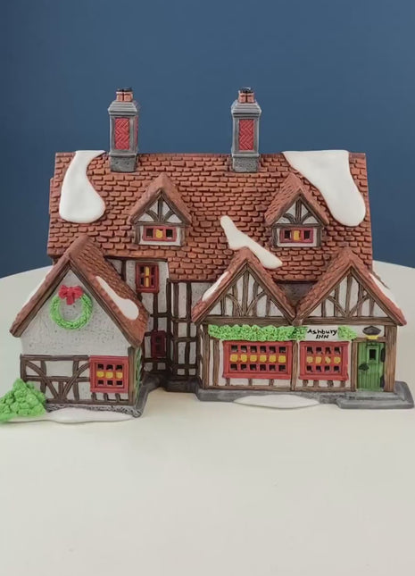 Illuminated Ashbury Inn By Dept. 56. Vintage Christmas Village Porcelain House. Dickens' Village Series. Home or Retail Decor. Kids Room.