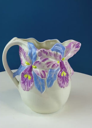 Ceramic Pitcher/Jug with 3-D Orchids or Irises. Flower Vase with Floral Motif. White and Pastels. Table Centerpiece. Dining Room Decor.
