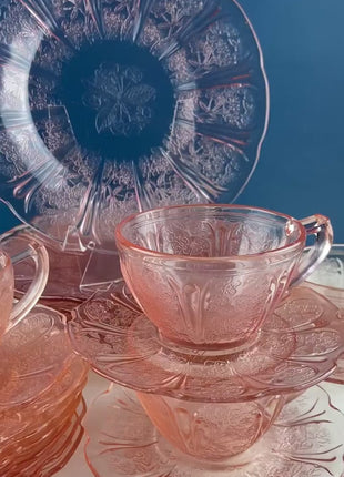 Cherry Blossom Pink Depression Glass Tea Set. Jeannette. Tea Cups and Plates. 15 Piece Set. French Country. Housewares. Dining Table Decor.