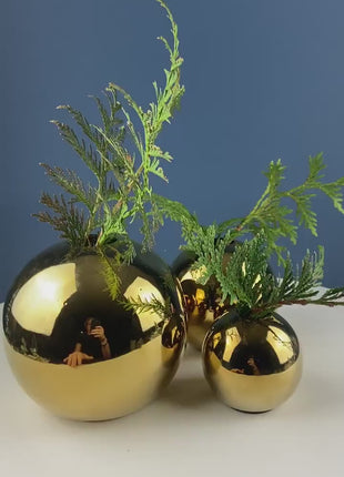 Gold Ceramic Globe Vases. Set of 3 Christmas Ornament Like Flower Vases. Seasonal or Everyday Table Decor. Florist or Interior Design Ideas