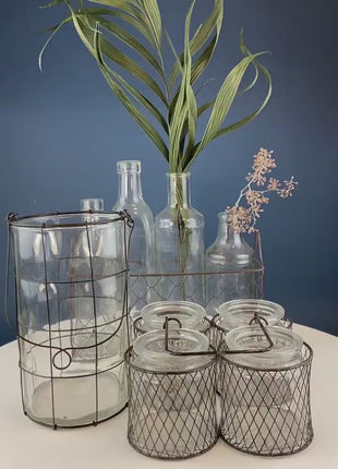 Collection of Rustic, Clear Glass Jars & Bottles with Metal Wire Baskets. Three Sets of Flower Vases or Candle Holders. Modern Farmhouse.