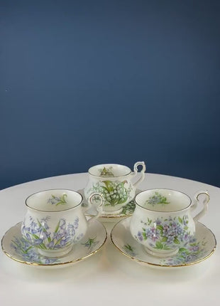 Vintage Collection of Teacups and Saucers. Set of Three. Royal Albert Sonnet Series:  Lilly of the Valley, Blue Bells, and Forget-me-Nots.