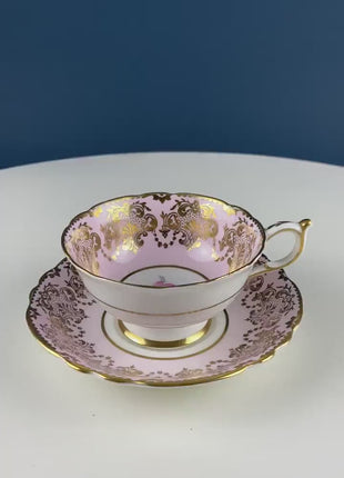 Vintage Paragon Pink Tea Coffee Cup & Saucer. Red Rose Motif and Gold Floral Border. Collectible Dining Room Decor. Gift for Him or Her.