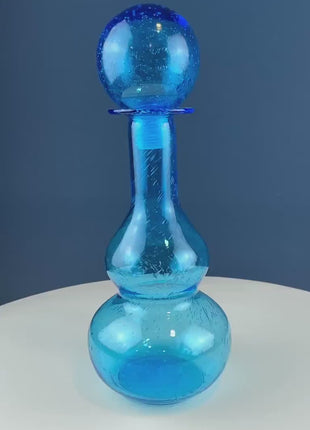 Blue Hand-Blown Glass Vase with Round Stopper. Collectible Modern Bottle. Home or Retail Decor. Interior Design Idea. Gift for Him or Her.