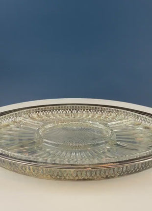 Antique Oval Silver & Glass Serving Platter. Godinger Silver Art. Fluted Glass with Etched Reticulated Silver Tray. Hosting Essential.